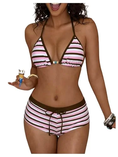 MAKEMECHIC Triangle Striped Boyshorts Bikini Set