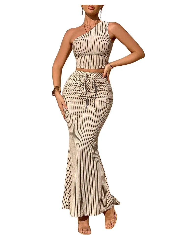 MAKEMECHIC Striped One Shoulder Crop Skirt Set