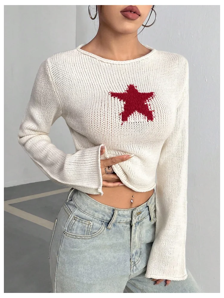 MAKEMECHIC Bell Sleeve Crew Neck Star Sweater, view 2