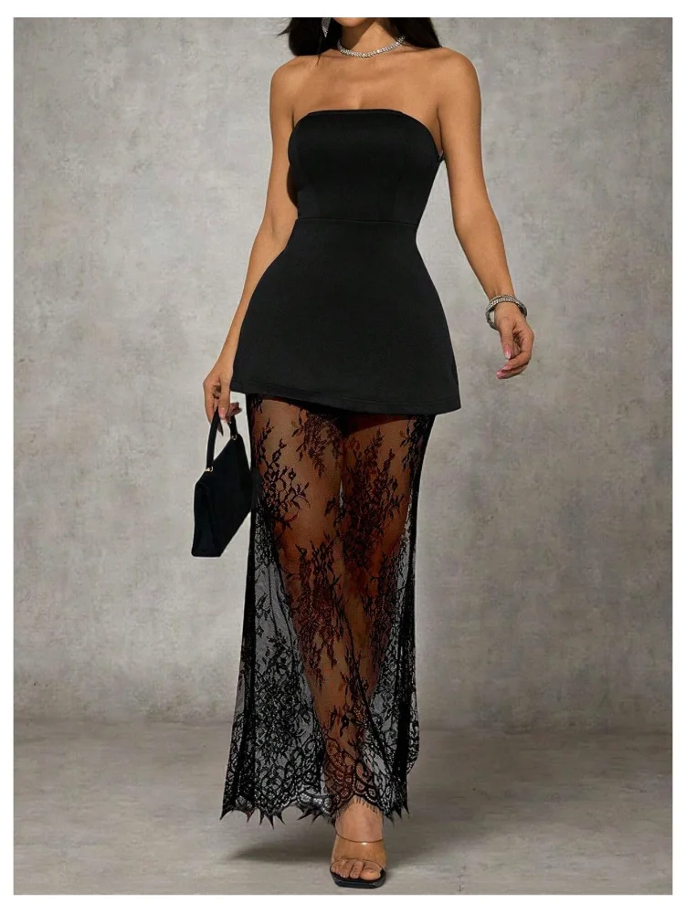 MAKEMECHIC Strapless Lace Tube Two-Piece Set, view 3