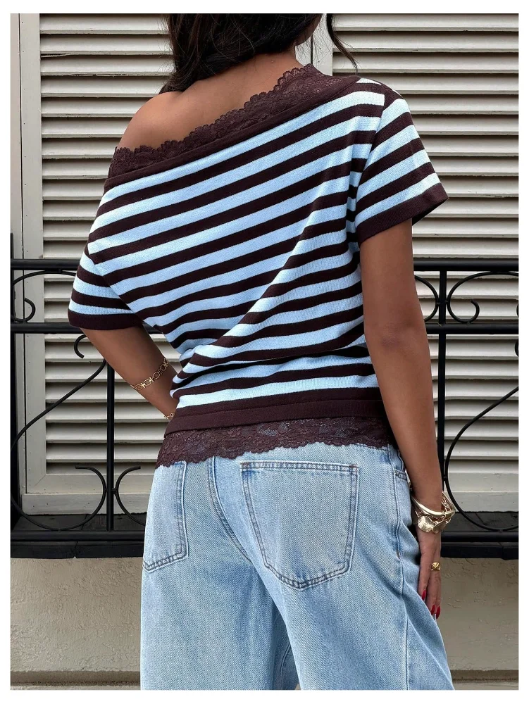 MAKEMECHIC Striped Off The Shoulder Short Sleeve Sweater, view 3
