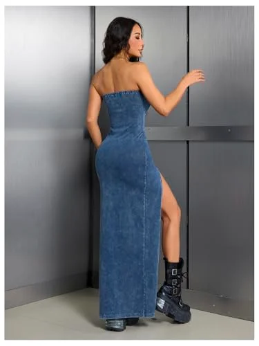 MAKEMECHIC Denim Tube Split Dress, view 3