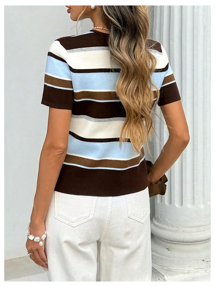 MAKEMECHIC Striped Short Sleeve Crewneck Cardigan, view 2