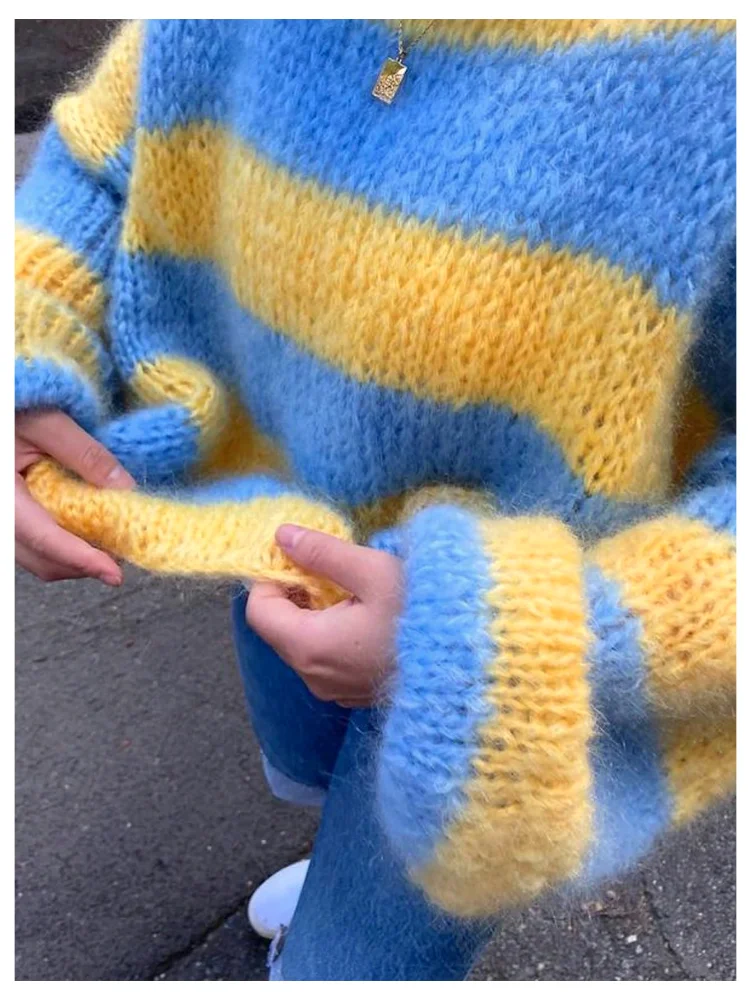 MAKEMECHIC Striped Oversized Fuzzy Sweater, view 3