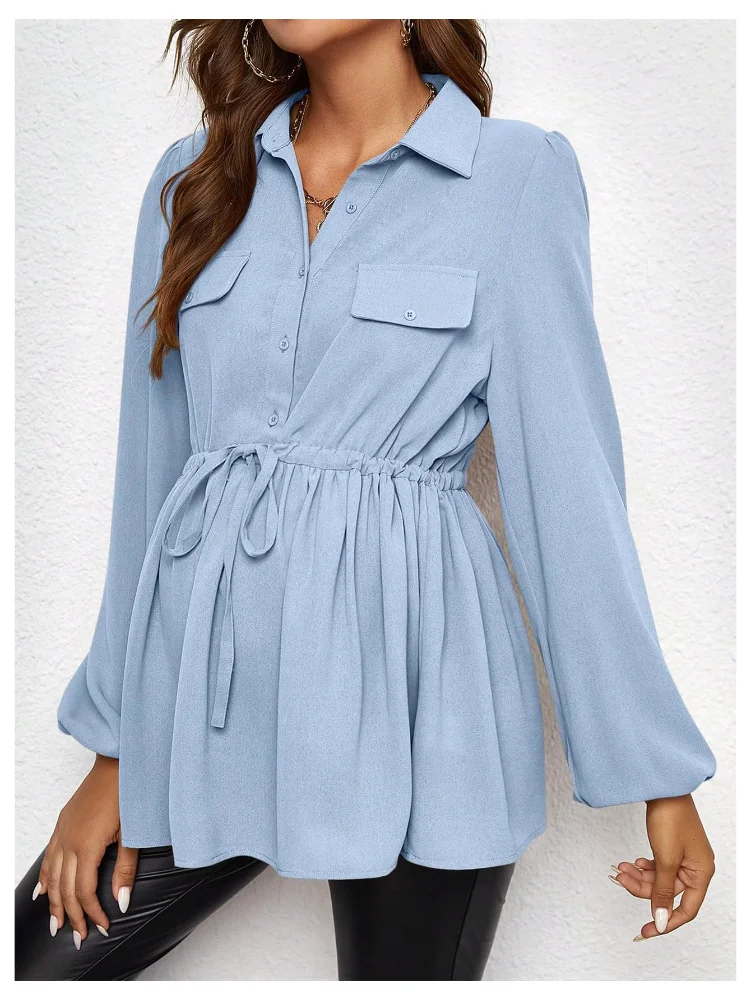 MAKEMECHIC Long Sleeve Belted Button Down Maternity Blouse, view 3