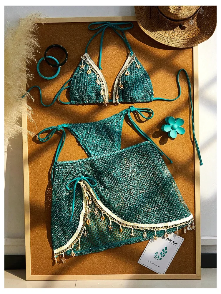 MAKEMECHIC Crochet Bikini Set in Peacock Blue, view 3