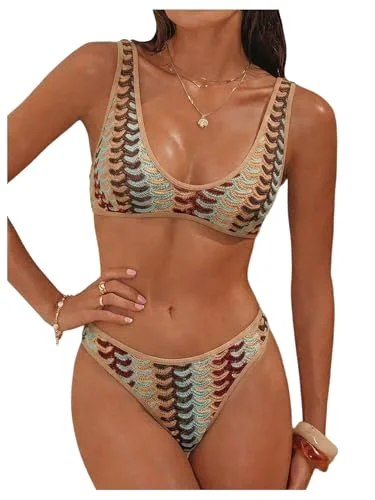 MAKEMECHIC Crochet Striped High Bikini Set