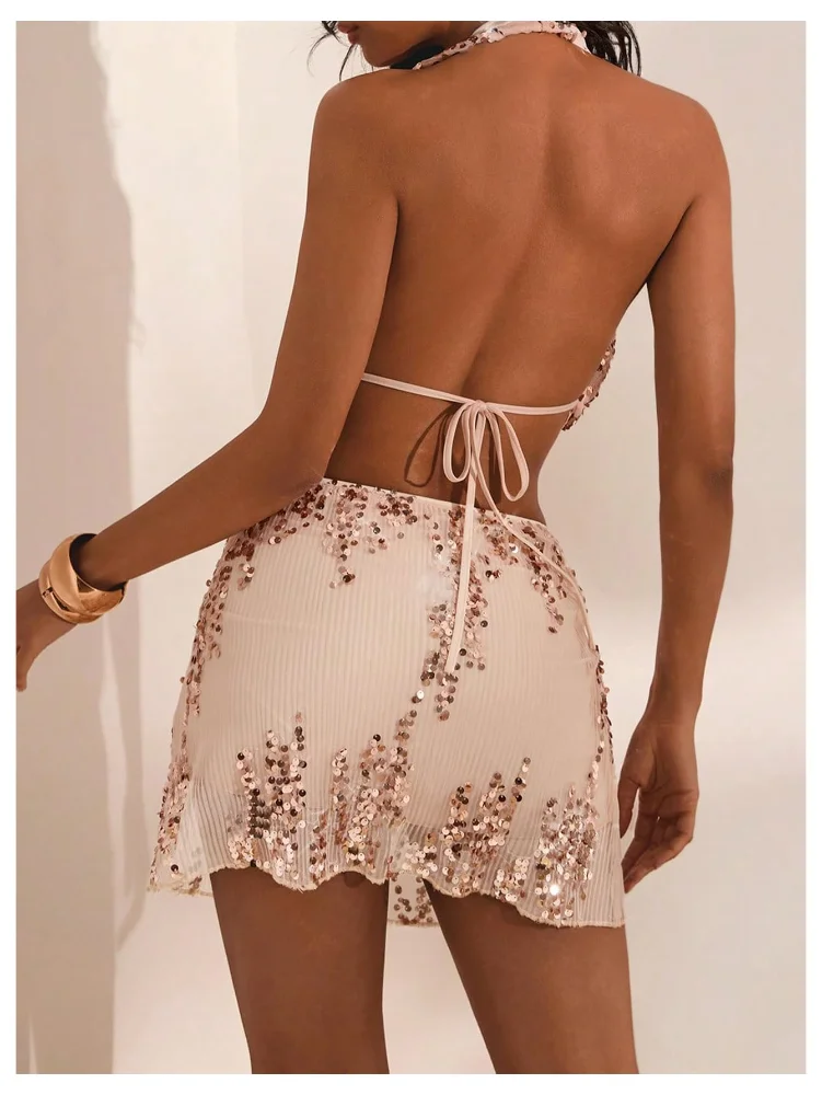 MAKEMECHIC Sequin Glitter Draped Skirt Set, view 3
