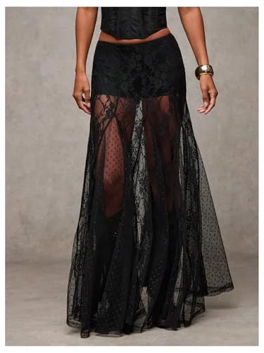 MAKEMECHIC Lace Sheer Polka Dot Maxi Skirt, view 3