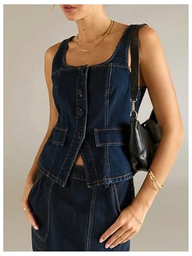MAKEMECHIC Denim Square Neck Sleeveless Vest, view 2