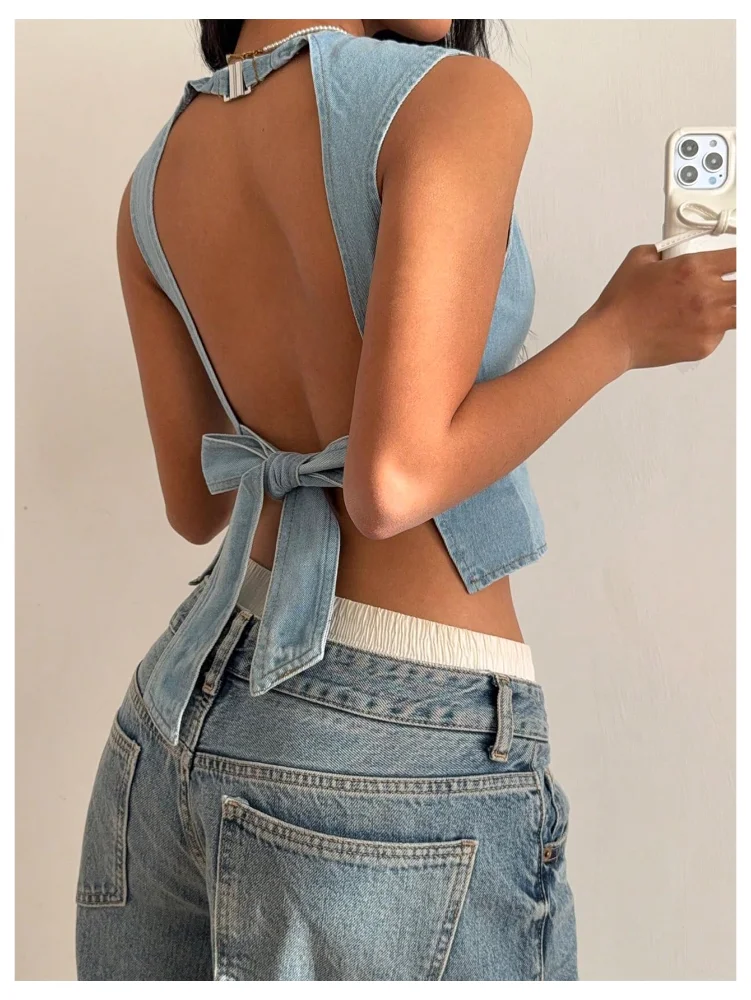 MAKEMECHIC Tie Bow Backless Tank Top, view 2