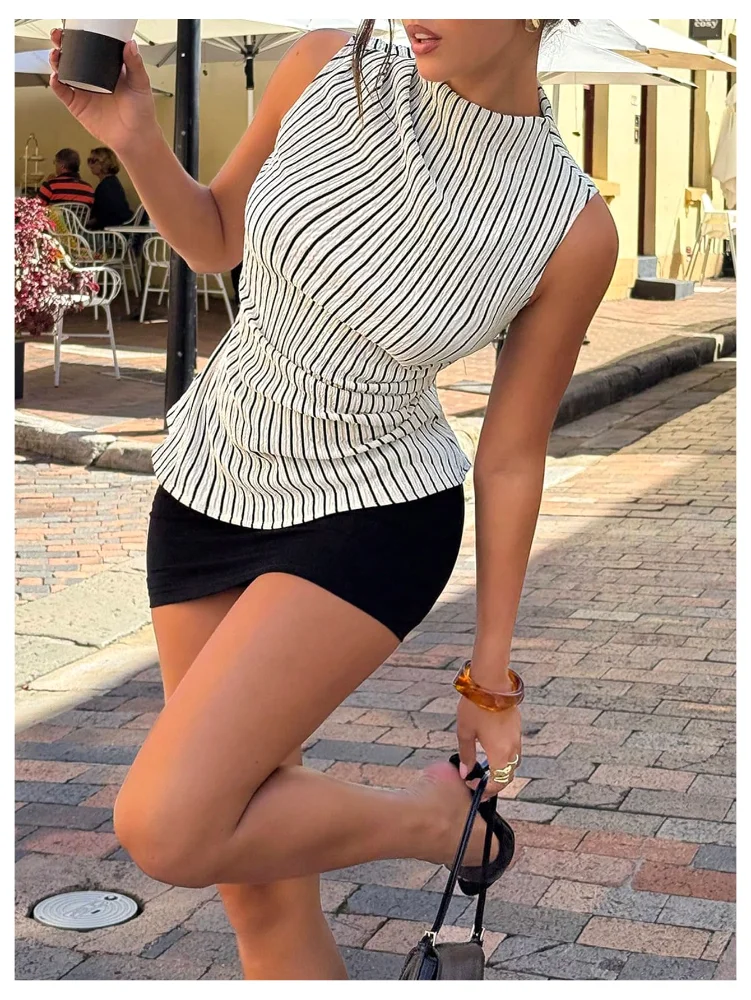 MAKEMECHIC Striped Cinched Waist Tank Top, view 2