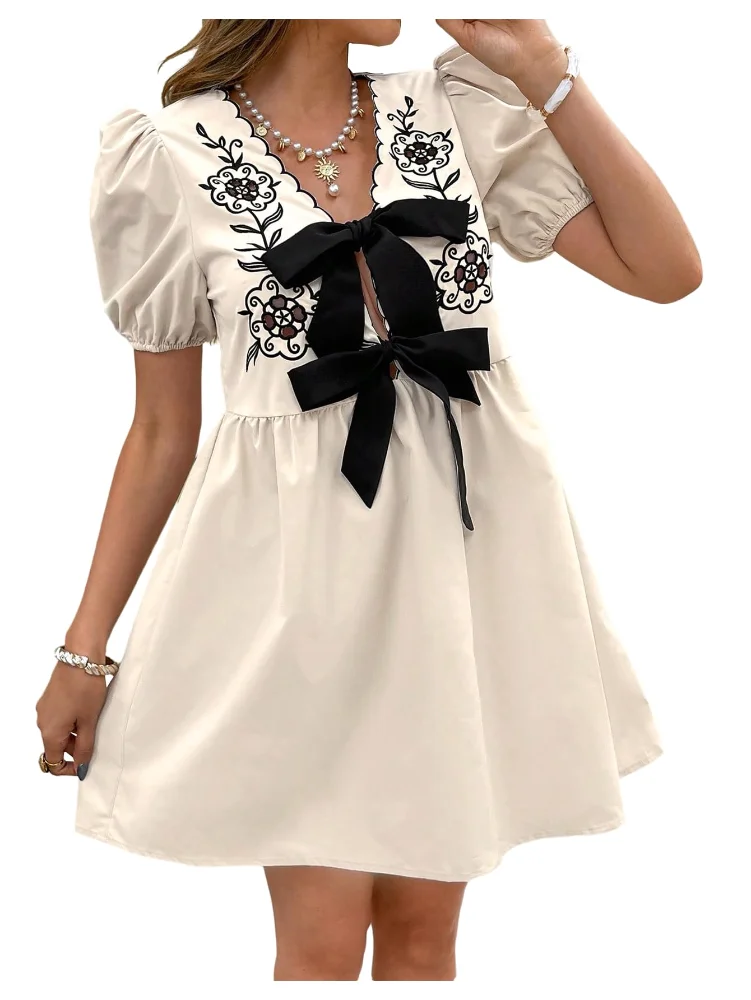 MAKEMECHIC Floral Embroidery Bow Mini Dress
