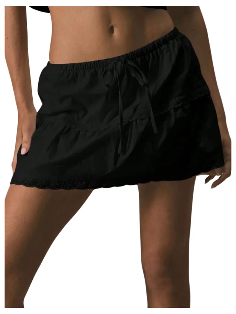 MAKEMECHIC Embroidery Low Waisted Drawstring Mini Skirt