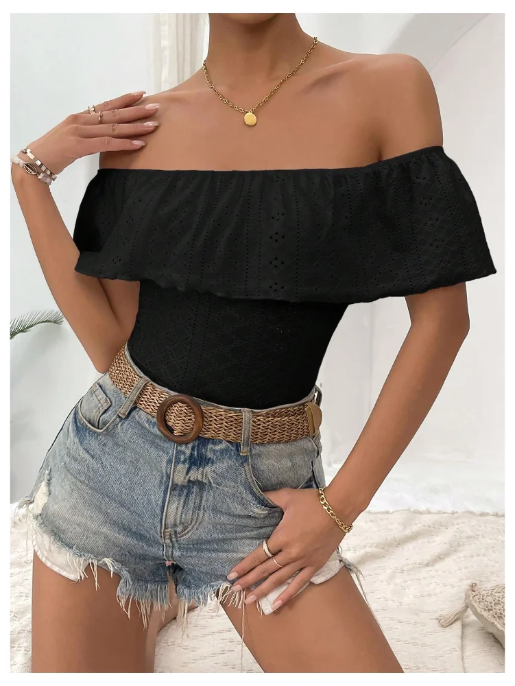 MAKEMECHIC Off Shoulder Ruffle Trim Bodysuit, view 2