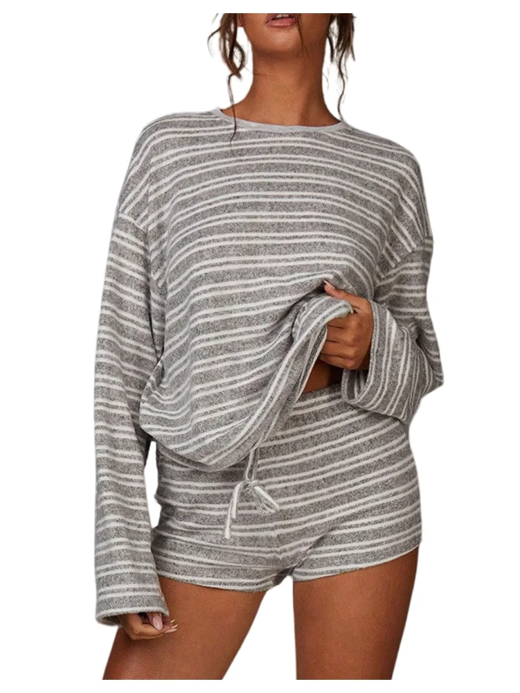 MAKEMECHIC Striped Long Sleeve Mini Shorts Set