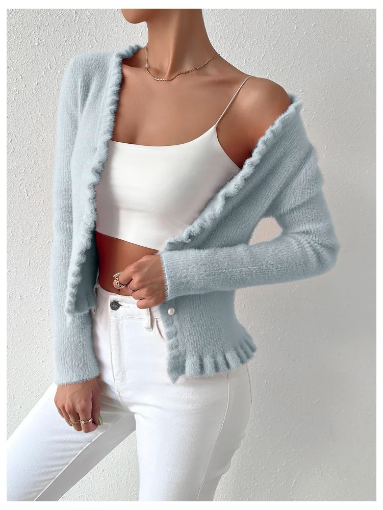 MAKEMECHIC Ruffle V-Neck Button Down Cardigan, view 2
