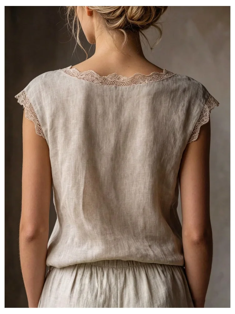 MAKEMECHIC Lace Trim Linen Tank Top, view 2
