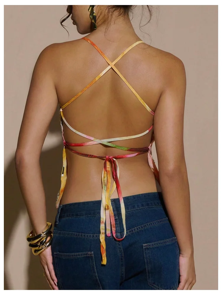 MAKEMECHIC Sequin Floral Backless Halter Top, view 2