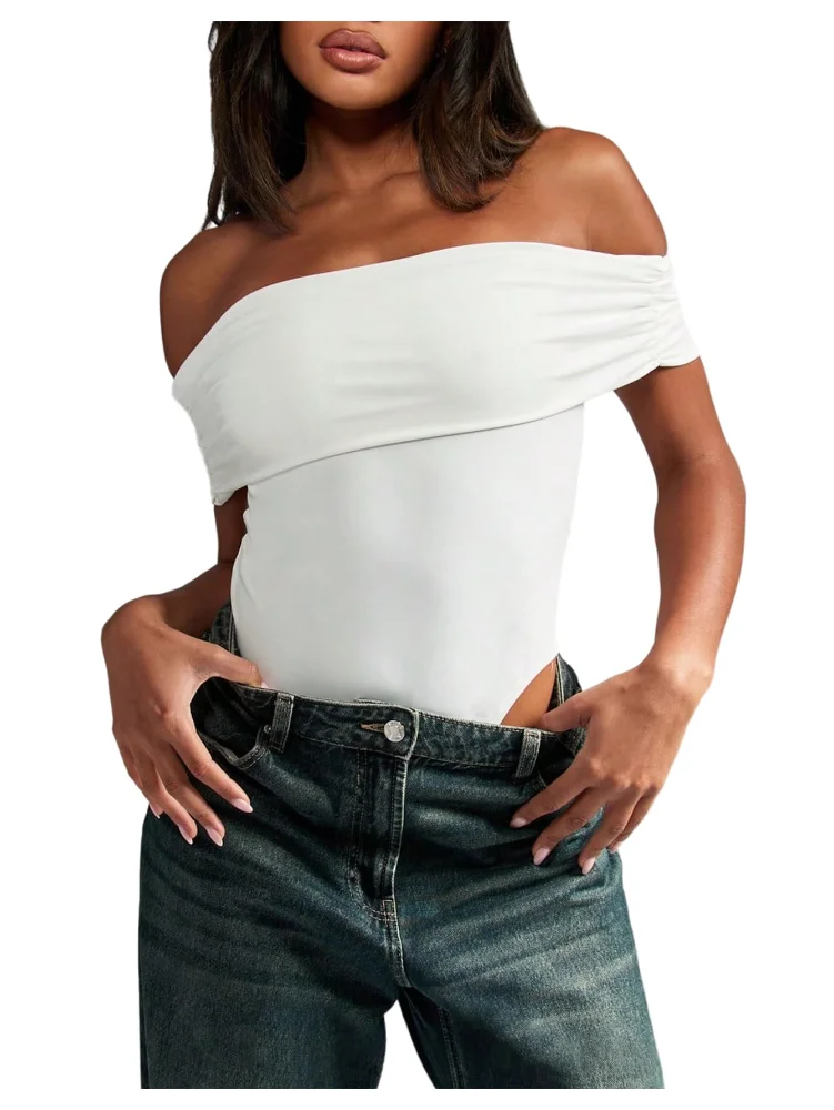MAKEMECHIC Off The Shoulder Ruched Short Sleeve Shorts