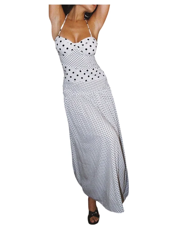 MAKEMECHIC Polka Dot Tie Backless Maxi Dress