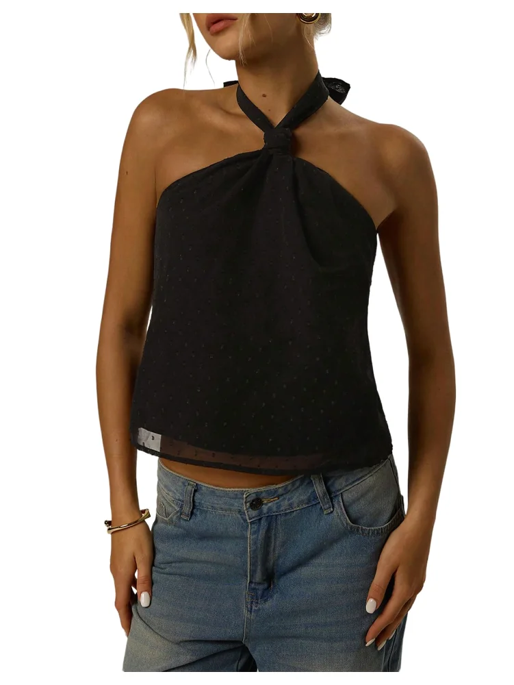 MAKEMECHIC Tie Back Sheer Swiss Dot Halter Top