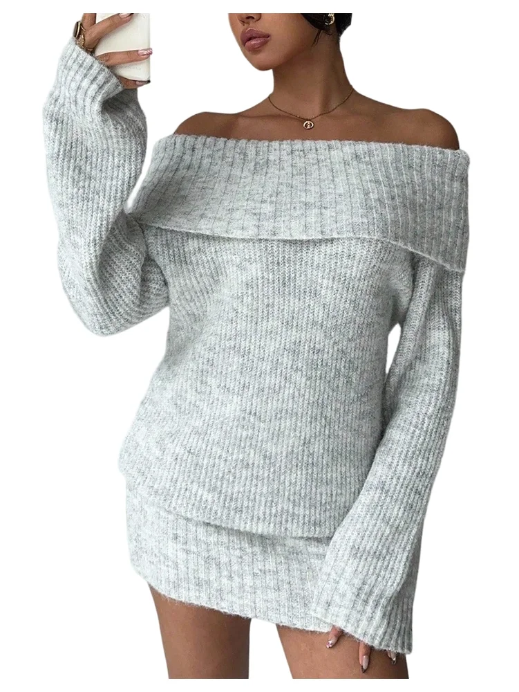 MAKEMECHIC Off The Shoulder Long Sleeve Knitted Mini Dress