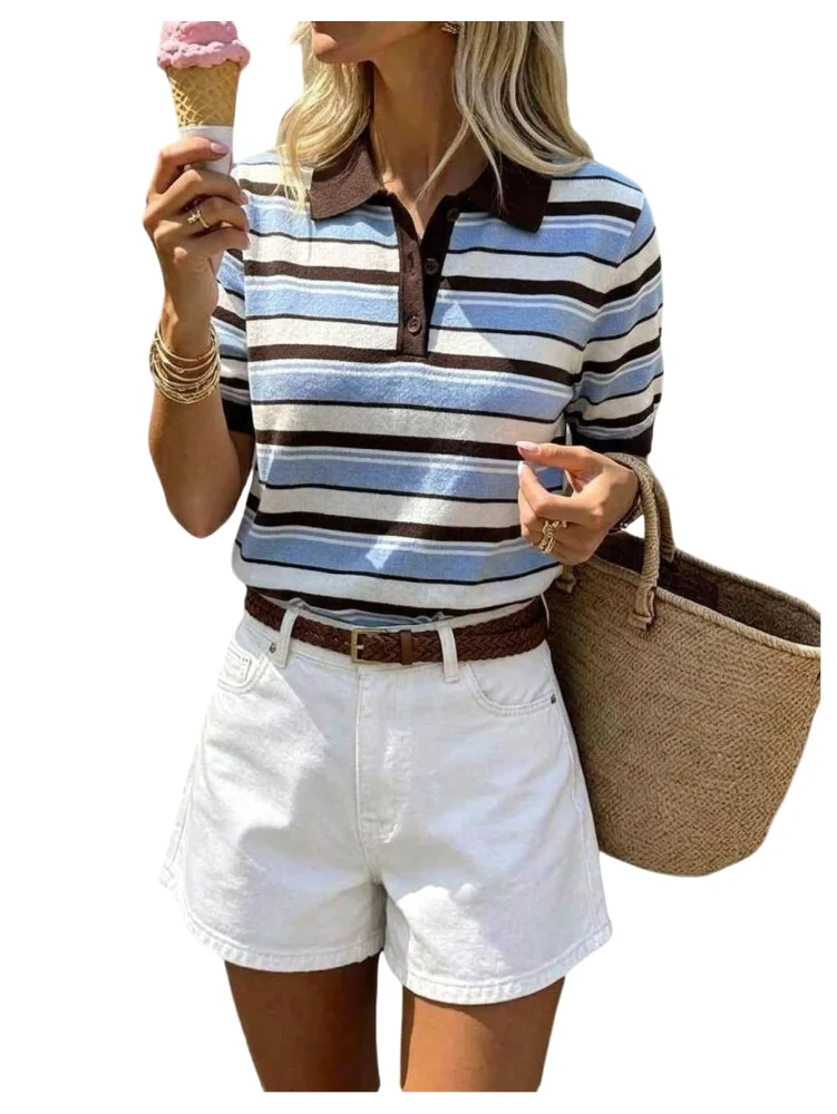MAKEMECHIC Striped Short Sleeve Collared Sweater in Blue