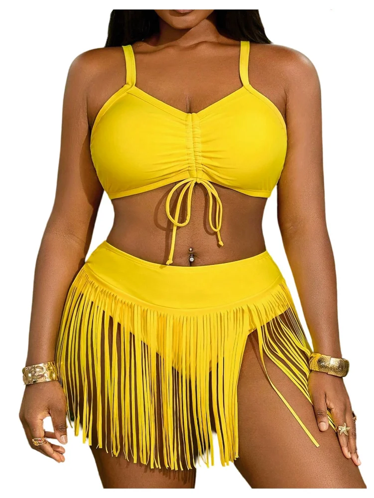 MAKEMECHIC Ruched Fringe Bikini Set