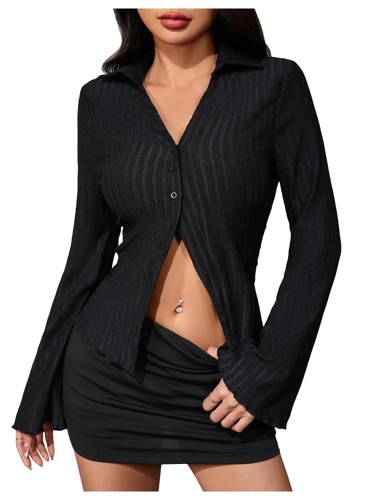 MAKEMECHIC Button Up Bell Sleeve Mesh Shirt