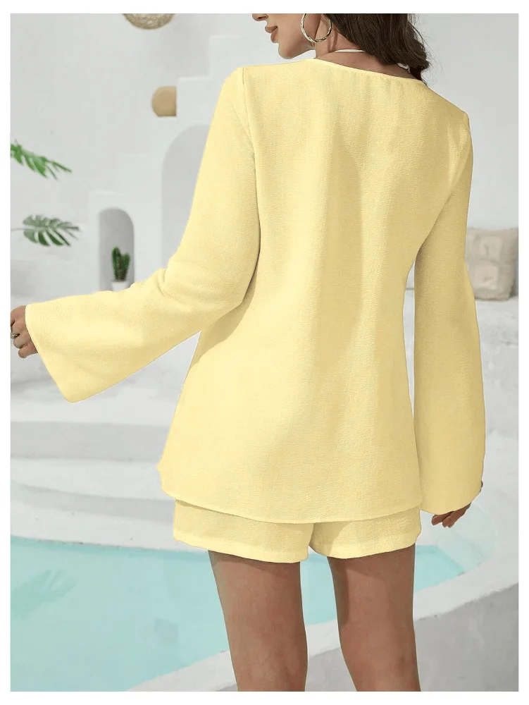 MAKEMECHIC Bell Sleeve Tie Front Wide Leg Shorts Set, view 2