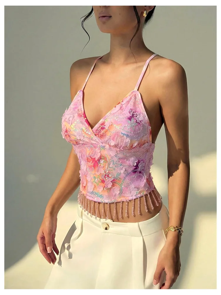 MAKEMECHIC Floral Sequin Fringe Crop Top, view 2