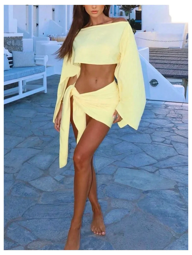 MAKEMECHIC Long Sleeve Crop Wrap Two-Piece Set, view 3