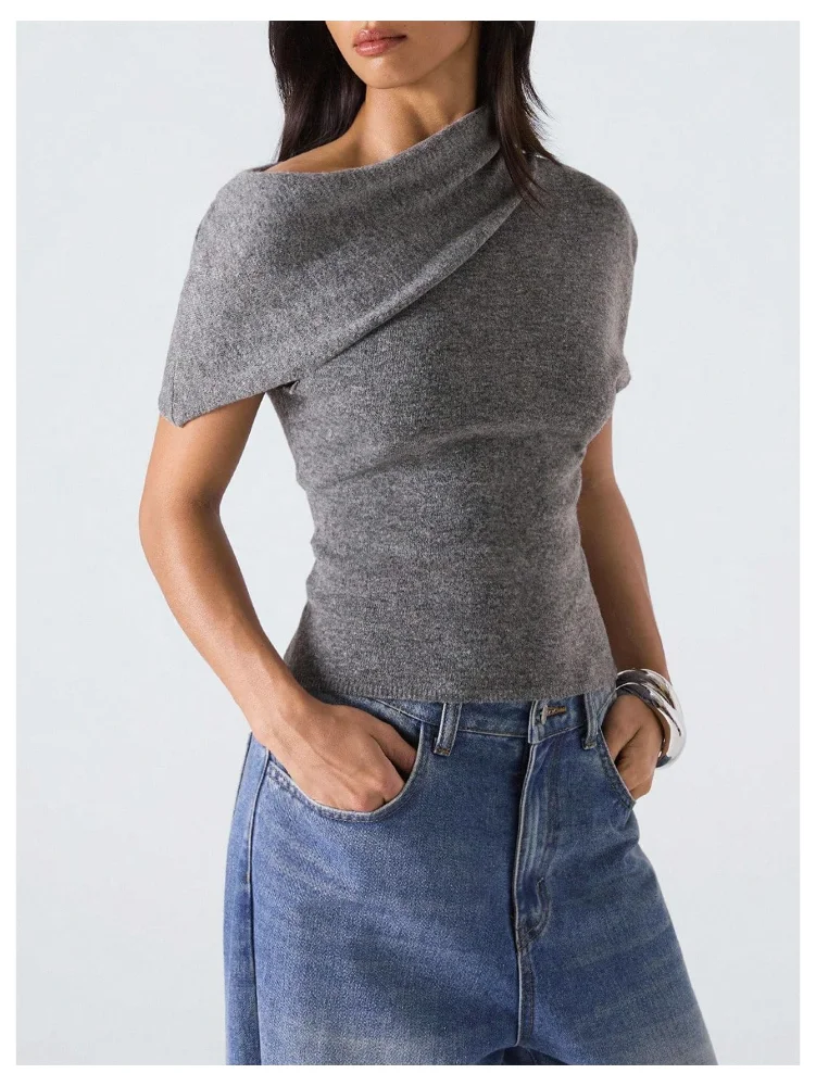 MAKEMECHIC Cropped Short Sleeve Asymmetrical Sweater, view 2