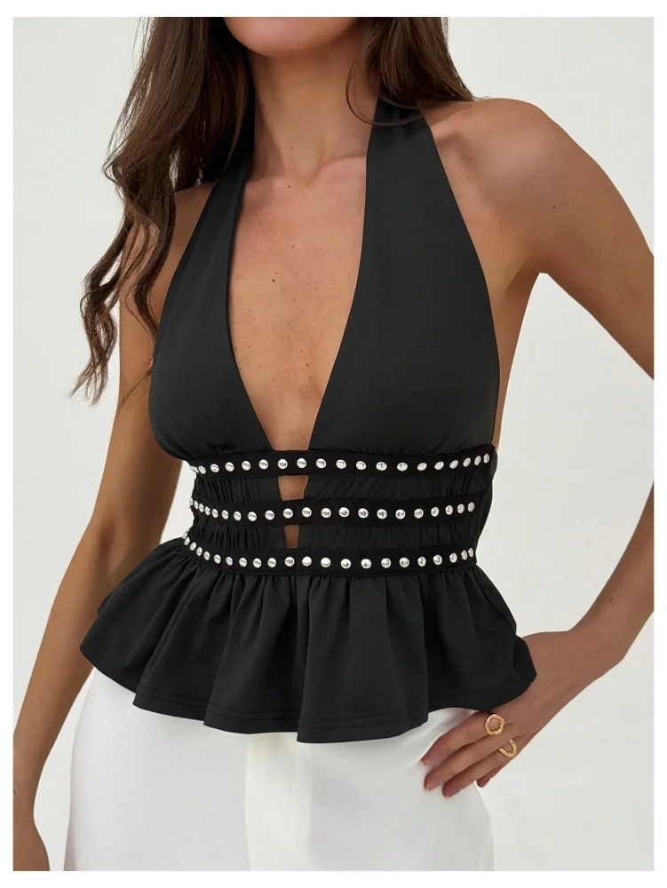 MAKEMECHIC Goth Ruffle Open Back Halter Top, view 2