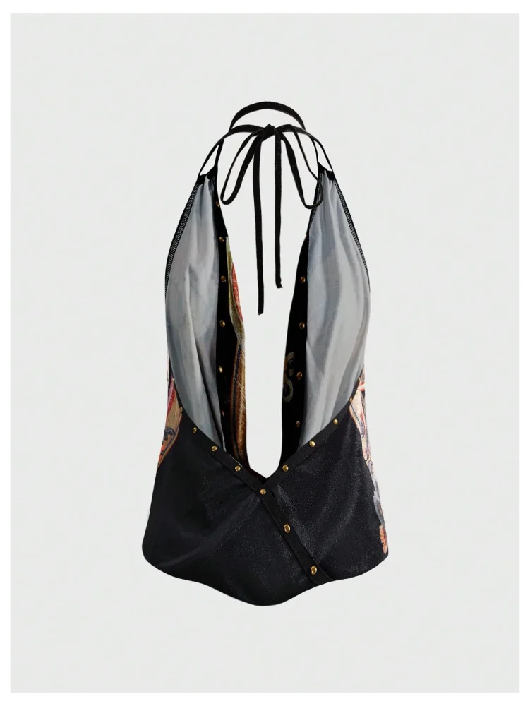 MAKEMECHIC Draped Graphic Open Back Halter Top, view 2