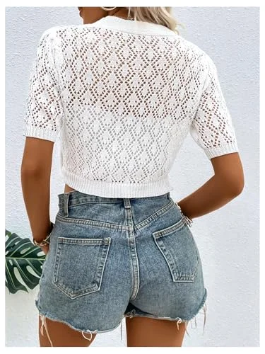 MAKEMECHIC Short Sleeve Crochet Cropped Cardigan, view 3