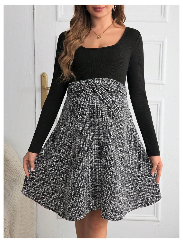 MAKEMECHIC Plaid Square Neck Long Sleeve Maternity Mini Dress, view 3