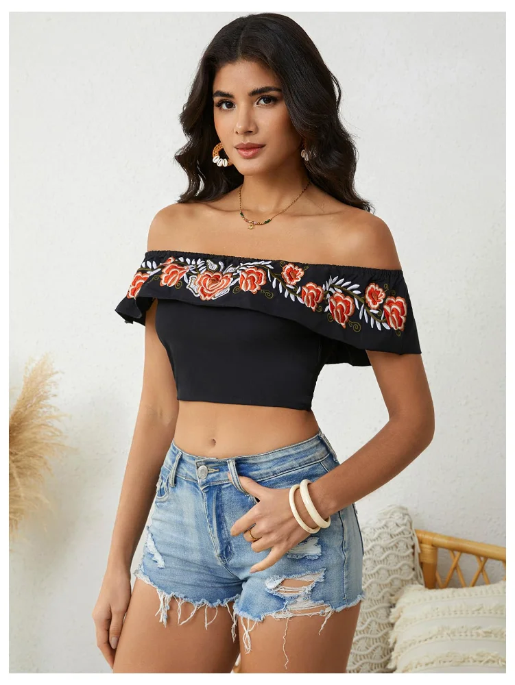 MAKEMECHIC Floral Embroidered Off Shoulder Crop Top, view 3