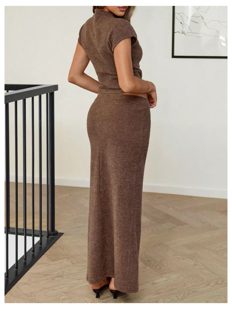 MAKEMECHIC Knit Mock Neck Short Sleeve Two-Piece Set, view 3