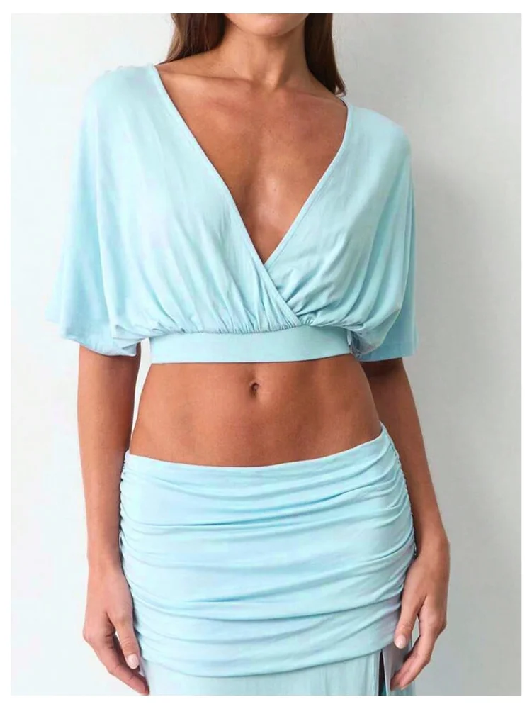 MAKEMECHIC Wrap Deep V-Neck Crop Top, short sleeve, view 2