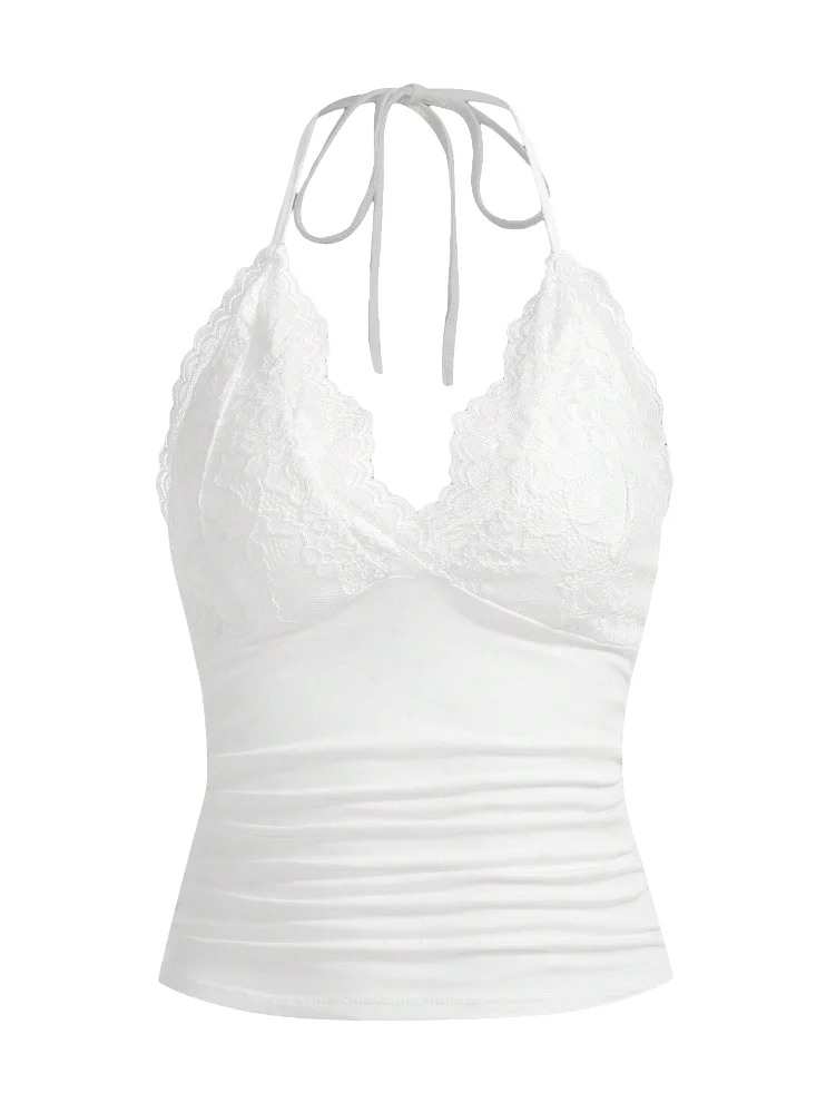 MAKEMECHIC Lace V-Neck Ruched Halter Top