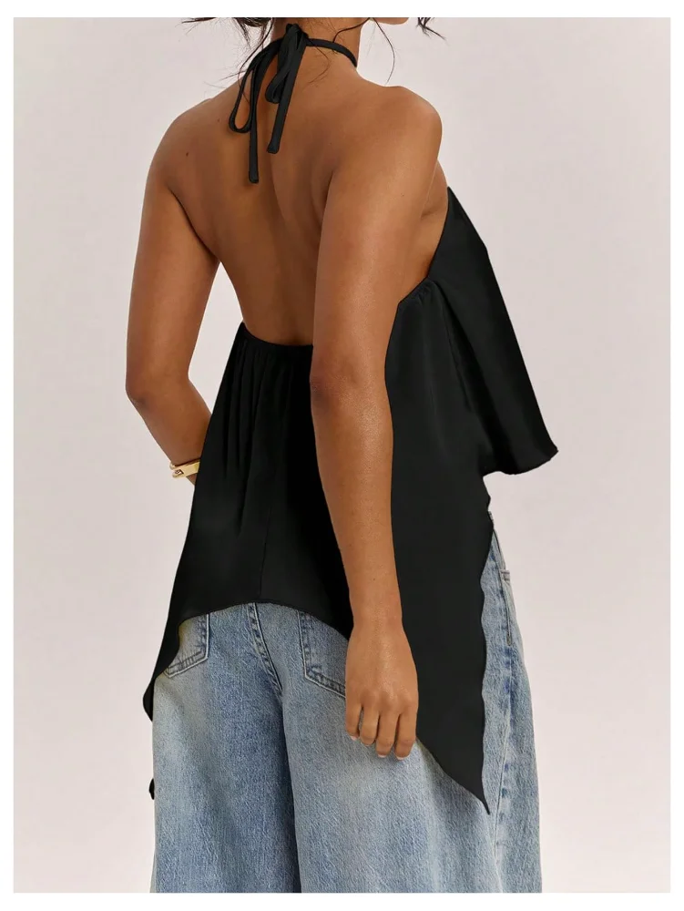 MAKEMECHIC Satin Cropped Ruffle Halter Top, view 3