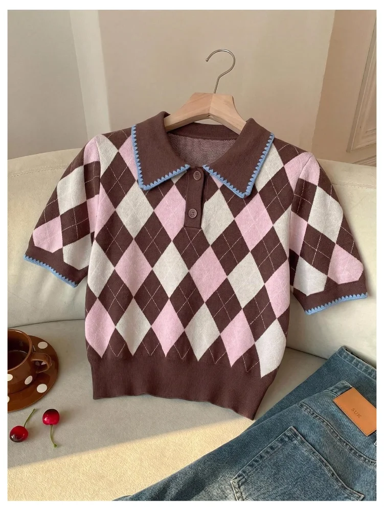 MAKEMECHIC Argyle Plaid Short Sleeve Sweater, view 3