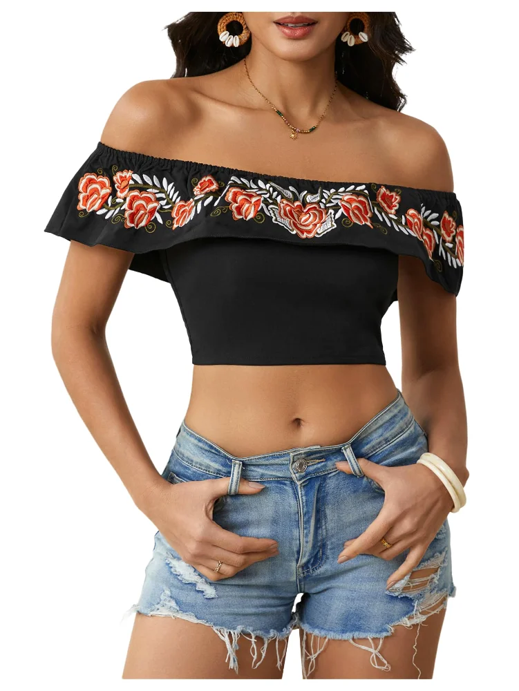MAKEMECHIC Floral Embroidered Off Shoulder Crop Top