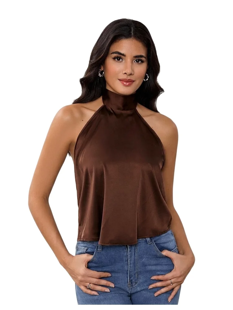 MAKEMECHIC Satin Silk Open Back Halter Top, view 2