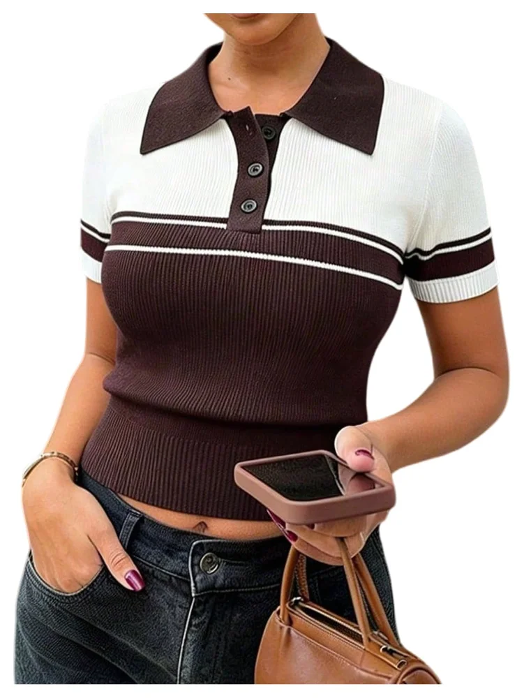 MAKEMECHIC Short Sleeve Striped Knit Sweater