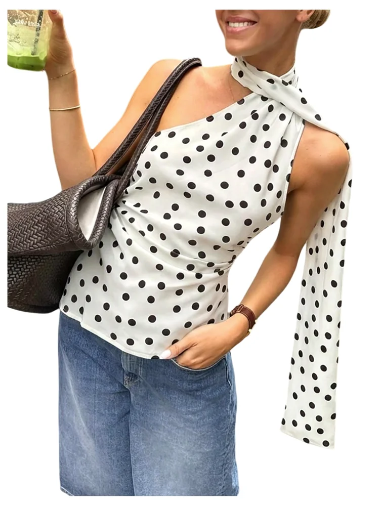 MAKEMECHIC Polka Dot One Shoulder Sleeveless Tank Top