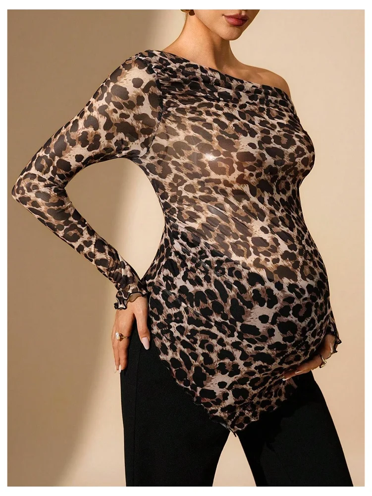 MAKEMECHIC Cheetah Print Off The Shoulder Long Sleeve Maternity Tee, view 3