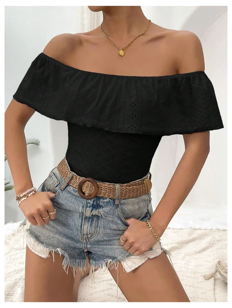 MAKEMECHIC Off Shoulder Ruffle Trim Bodysuit, view 3